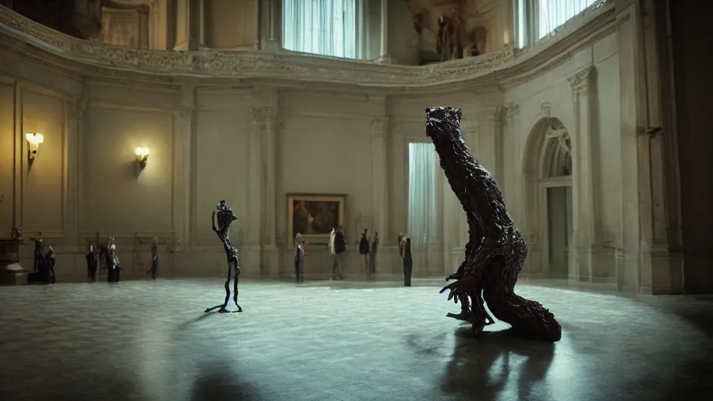 Image similar to the strange creature in city hall, made of wax and water, film still from the movie directed by Denis Villeneuve with art direction by Salvador Dalí, long lens