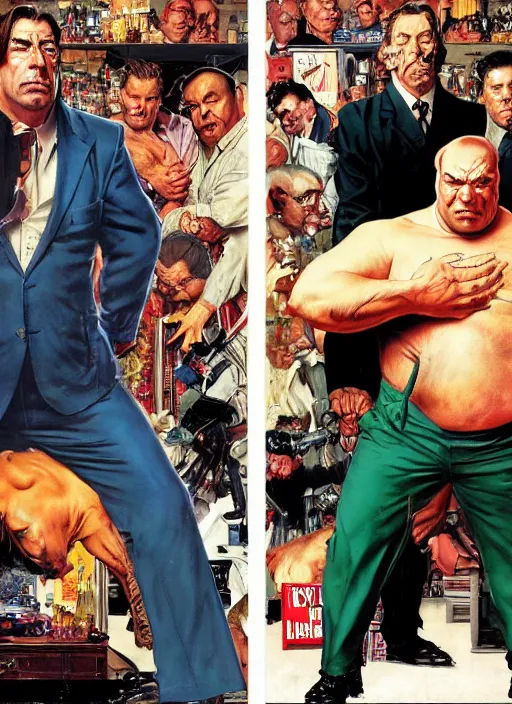 Image similar to full body and head portrait of javier bardem as kingpin, dynamic action, painted by norman rockwell and phil hale and greg staples and tom lovell and frank schoonover and jack kirby