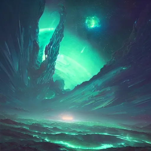 Image similar to “A beautiful ultradetailed painting of the galaxy, nebula in universe, chinese dragons fighting, scales made of jade, light effect, very detailed, by beeple, Makoto Shinkai, 4k, Trending on artstation, ultrawide lens”