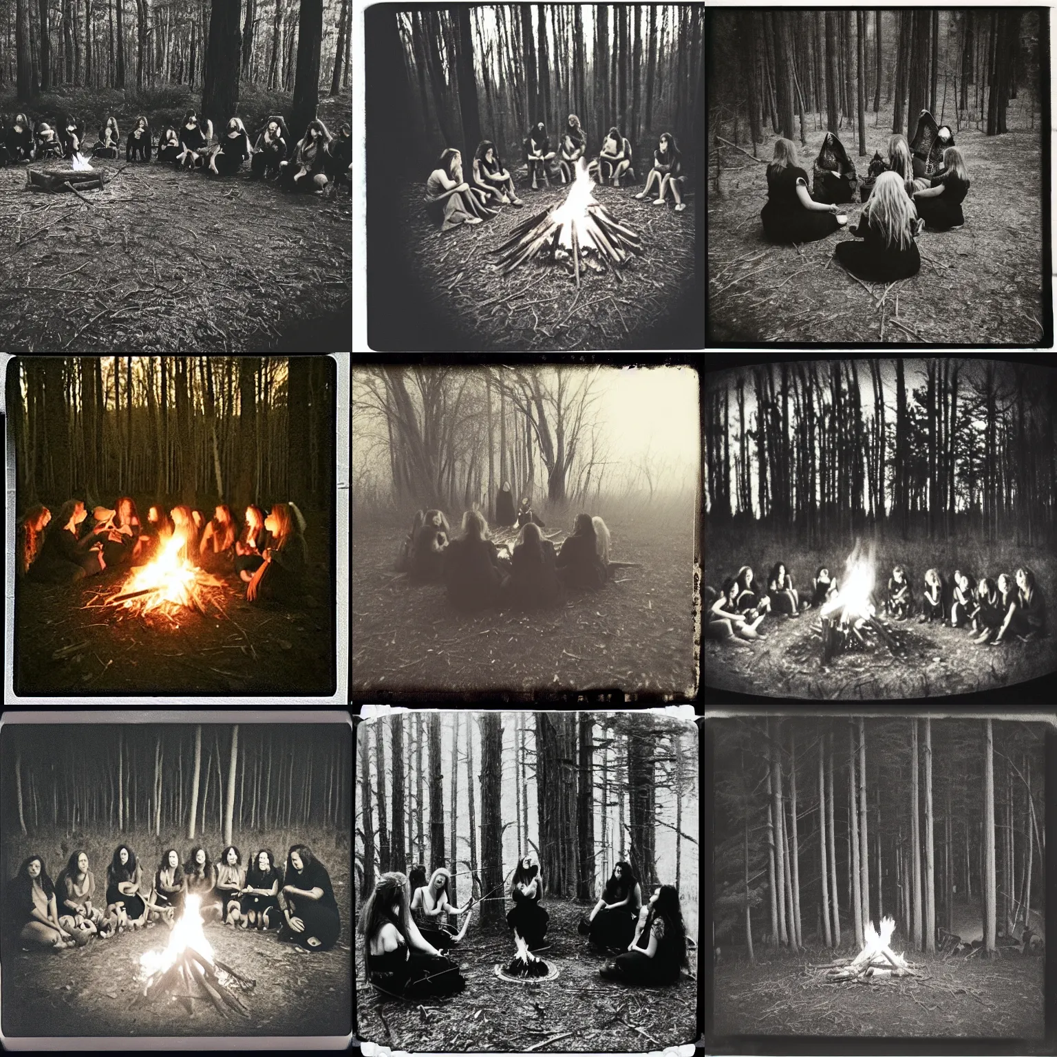 Prompt: witches gather around a bonfire in a forest, polaroid, grainy, distant, dark, monochrome, blurry