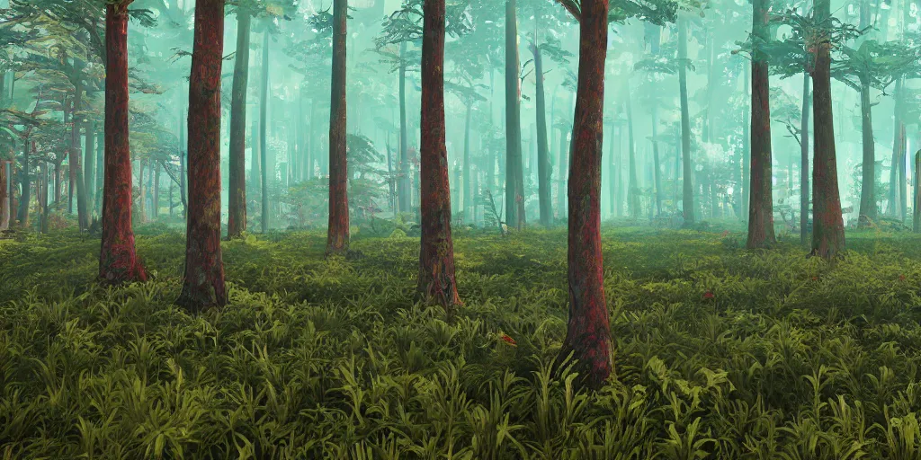 Prompt: abstract 3d landscape forest painting by james jean and David Schnell with 1 year old trees painted in no mans sky style, redshift, octane