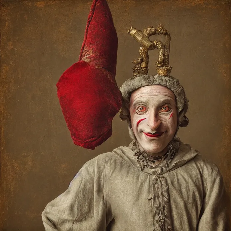 Image similar to “portrait a medieval jester, studio lighting hyperreal photograph old royal medieval painting jester masks”