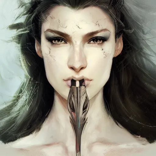 Prompt: tattoo design, a professional painting of a beautiful young female, partially clothed in battle armor, olive skin, long dark hair, beautiful bone structure, symmetrical facial features, intricate, elegant, digital painting, concept art, smooth, sharp focus, illustration, from Metal Gear, by Ruan Jia and Mandy Jurgens and Greg Rutkowski and Artgerm and William-Adolphe Bouguerea and artgerm, cat girl, anime