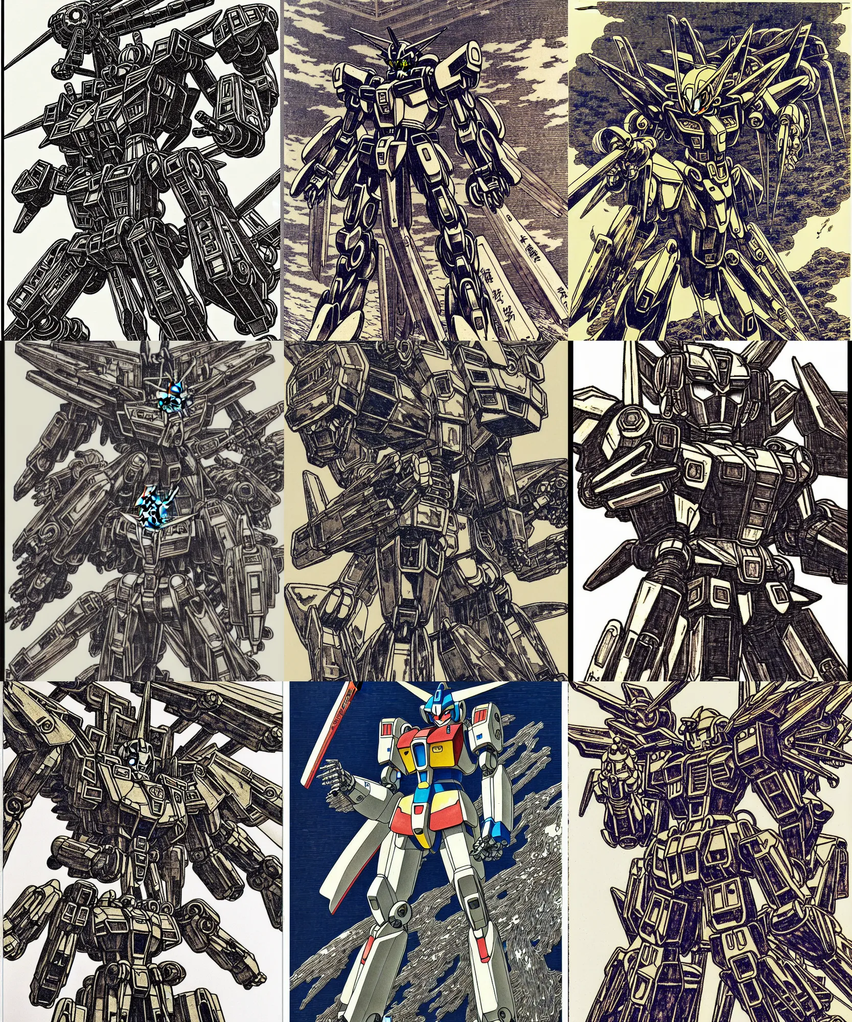 Prompt: gundam mecha robot megaman transformer, high details, masterpiece engraving by takato yamamoto, gustave dore, jean giraud