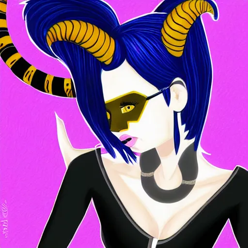 Image similar to illustrated portrait of ram-horned devil woman with blue bob hairstyle and hex #FFA500 colored skin tone and with solid black eyes wearing leather by rossdraws