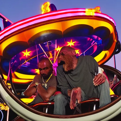 Image similar to death grips riding tilt - a - whirl at a carnival, mc ride, zach hill, andy morin,