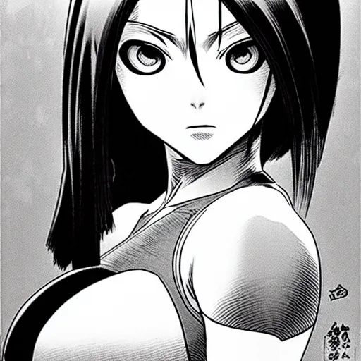 Image similar to alita by yukito kishiro. medium shot. black and white manga. pencil drawing.