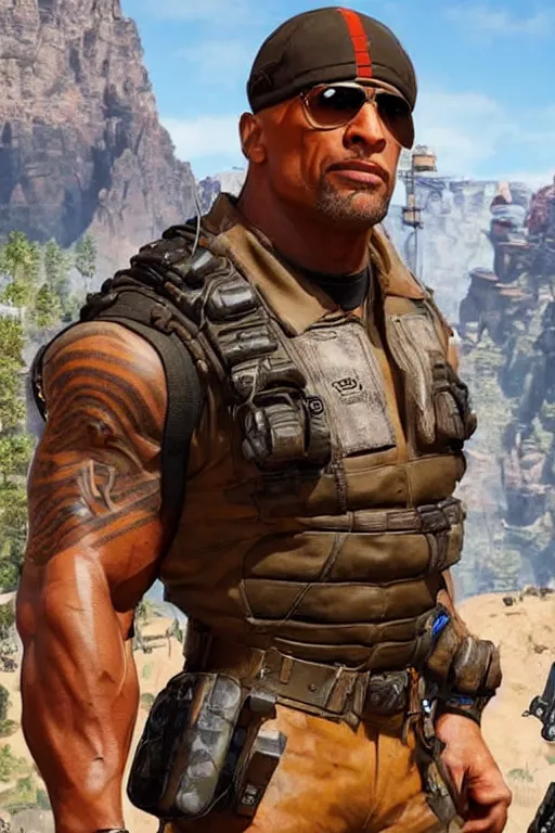 Prompt: dwayne johnson as a character in the game apex legends, with a background based on the game apex legends, detailed face