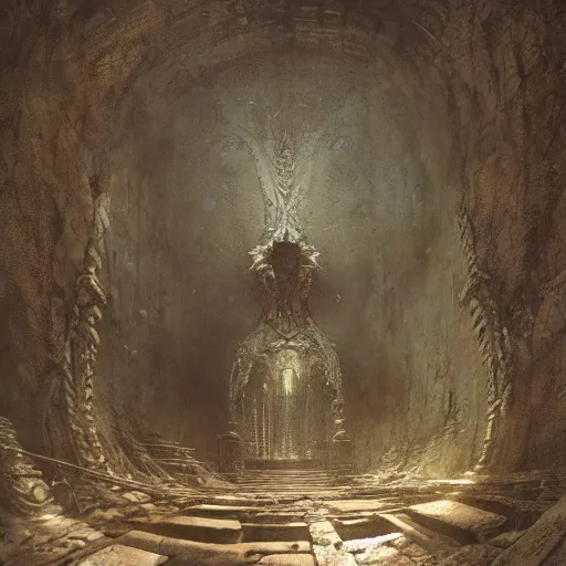 Prompt: lost and alone in a vast underground ancient stone temple by gustave dore and gustave moreau and beksinski and giger and craig mullins and jeremy _ mann