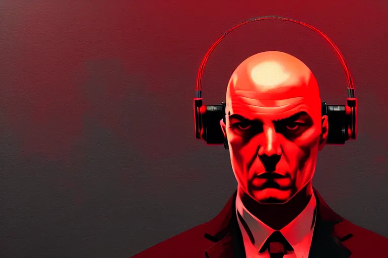 Image similar to an expressive portrait of agent 4 7 from hitman wearing headphones standing in front of a wall of vinyl records, speakers and cables, dark background, red rim light, digital art, artstation, concept art by giger stalenhag