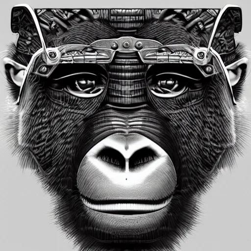 Image similar to portrait of a monkey made of bike parts, black and white, trending on artstation, hd