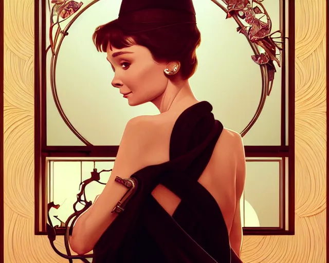 Image similar to photography of audrey hepburn in breakfast at tiffany's, deep focus, intricate, elegant, highly detailed, digital painting, artstation, concept art, matte, sharp focus, illustration, art by artgerm and greg rutkowski and alphonse mucha