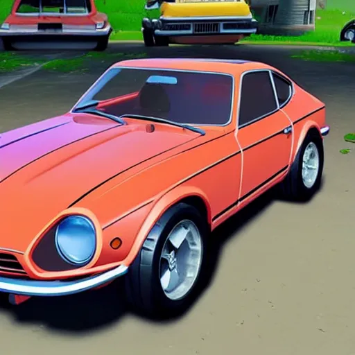 Image similar to a cartoon 1 9 7 0 datsun 2 4 0 z in fortnite, unreal engine