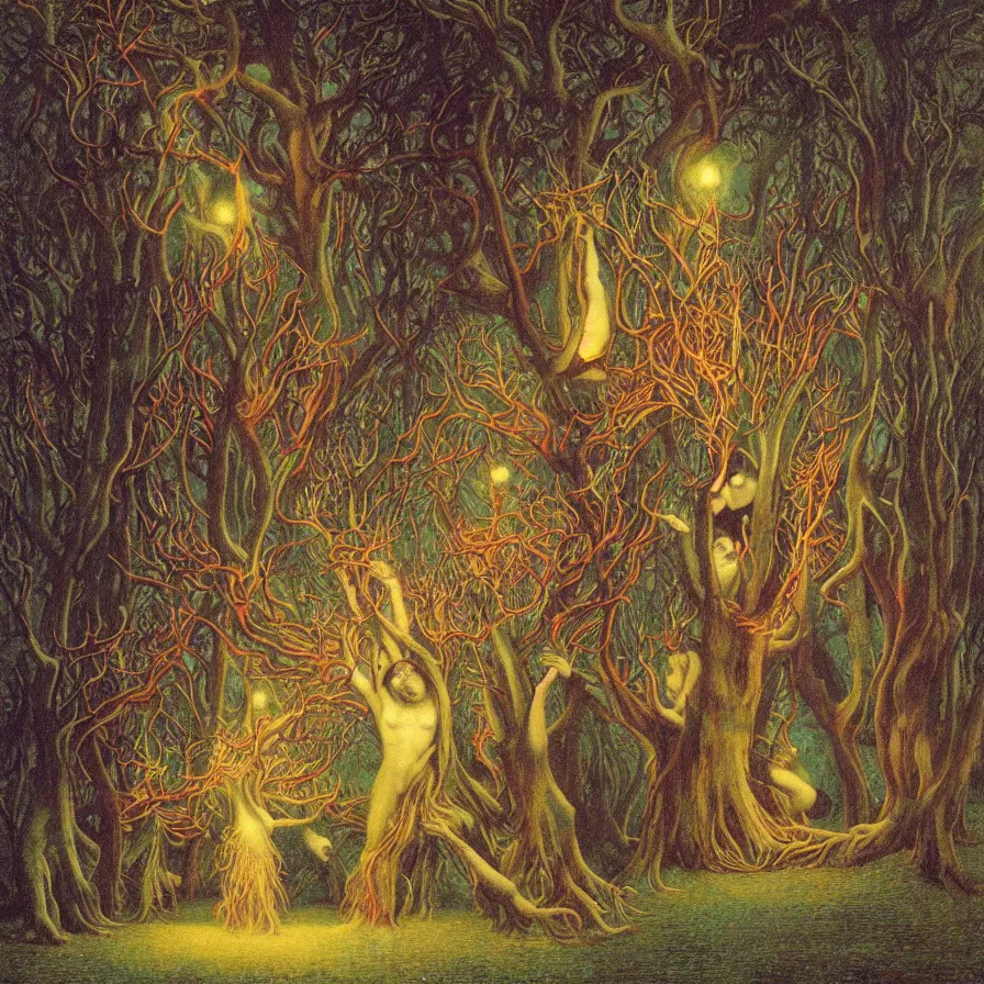 Image similar to a night carnival around a magical tree cavity, with a surreal orange moonlight and fireworks in the background, next to a big lake with iridiscent water, christmas lights, folklore animals and people disguised as fantastic creatures in a magical forest by summer night, masterpiece painted by jean delville, gustave dore and marco mazzoni, art nouveau, dark night environment