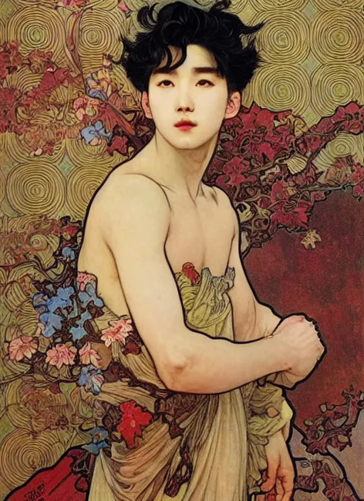 Prompt: cai xukun by james jean, manuel sanjulian, alphonse mucha