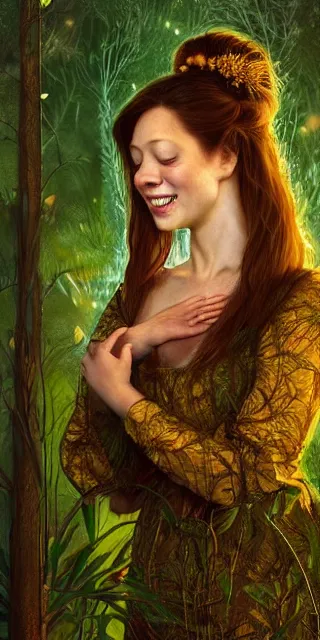 Prompt: lovely woman, serene smile surrounded by golden firefly lights, amidst nature fully covered by a intricate detailed dress, long red hair, precise linework, accurate green eyes, small nose with freckles, smooth oval shape face, empathic, expressive emotions, spiritual scene, hyper realistic ultrafine art by artemisia gentileschi, jessica rossier, boris vallejo