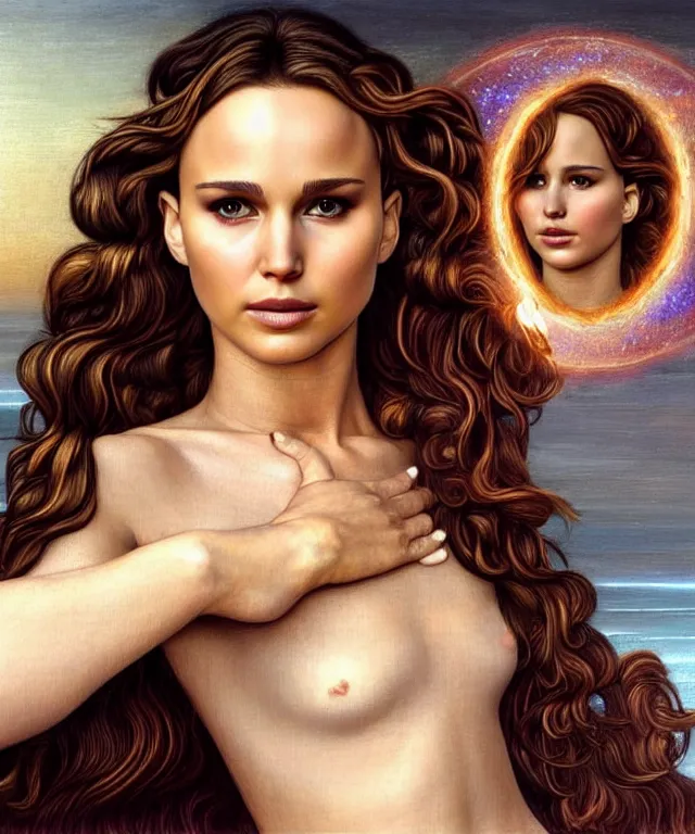 Image similar to half nathalie portman half Jennifer lawrence a fantasy magic woman portrait by Sandro Botticelli, oil painting masterpiece, sci-fi, loving amber eyes, face, long hair, fantasy, intricate, elegant, highly detailed, digital painting, soft diffuse lightning, concept art, smooth, sharp focus, illustration, art by artgerm and greg rutkowski and alphonse mucha