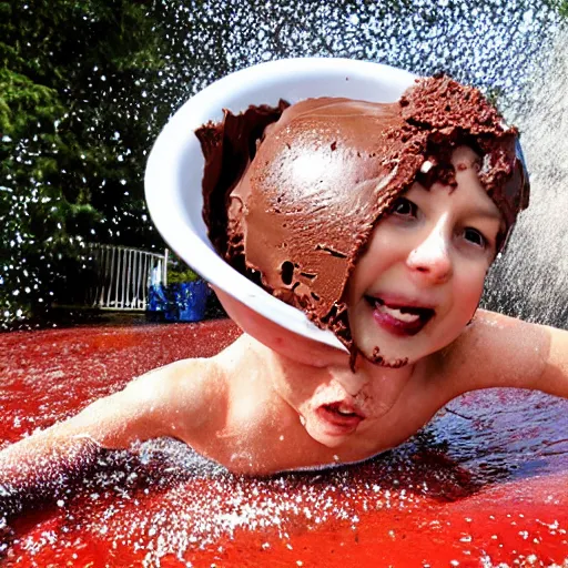 Image similar to person sliding through chocolate pudding head first, slip n slide, professional photo, funny