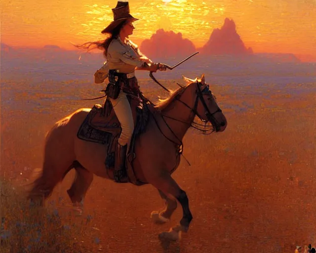 Image similar to female sheriff riding at sunset, highly detailed painting by gaston bussiere, craig mullins, j. c. leyendecker 8 k