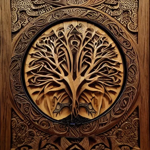 Image similar to wood relief carving of world tree, tree of life, yggdrasil, stygian, evil, shoggoth + exquisite, ornate, intricately carved, fractal, tarot, intricate details, art deco, hokusai, mohrbacher, alphonse mucha, photo realistic, redshift, spotlight