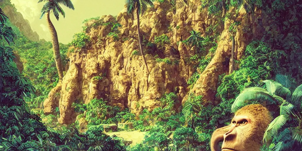 Image similar to ”a huge primitive monkey’s head catved out of stone with a mouth as an entrance to a cave inside, [caribbean, jungle, palm trees, beach, wide angle, side view, cinematic, monkey island, art by wlop and paul lehr]”