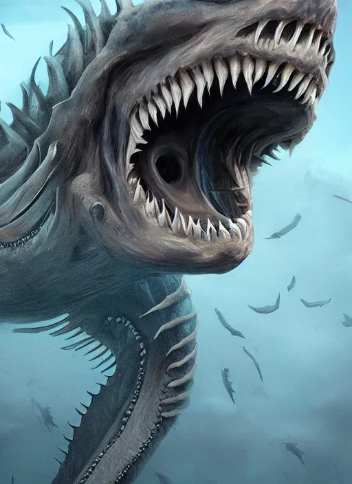 Image similar to terrifying sea creature, big teeth, ominous, scary, horror, realistic, digital art, photorealism, trending on artstation