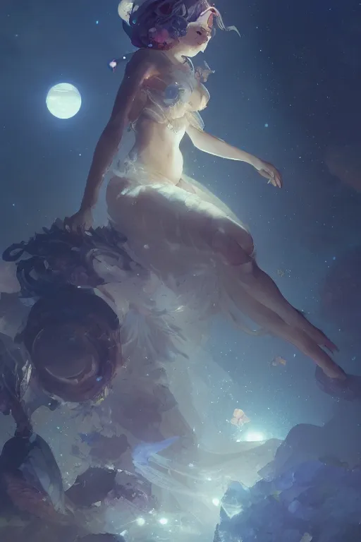 Image similar to A beautiful whimsical woman basking in the moonlight on a bed of crystals below planets, cinematic lighting, dramatic atmosphere, by Dustin Nguyen, Akihiko Yoshida, Greg Tocchini, Greg Rutkowski, Cliff Chiang, 4k resolution, trending on artstation