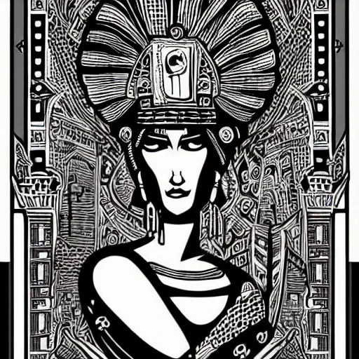 Prompt: mcbess and rutkowski portrait of the queen of an ancient civilisation. its people were said to be wise and just, and their city was a beautiful place full of wonderful buildings and treasures.