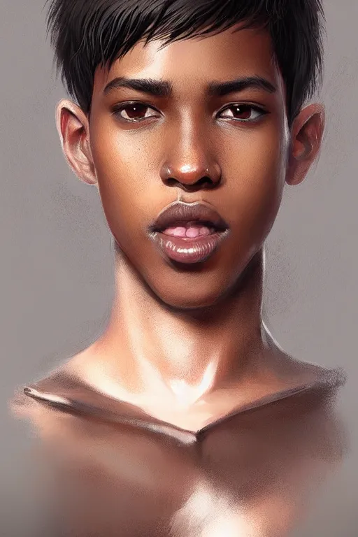 Image similar to young teenager boy with straight short brown hair, dark skin, big lips. highly detailed, d & d, fantasy, highly detailed, digital painting, trending on artstation, concept art, sharp focus, illustration, art by artgerm and greg rutkowski and fuji choko and viktoria gavrilenko and hoang lap