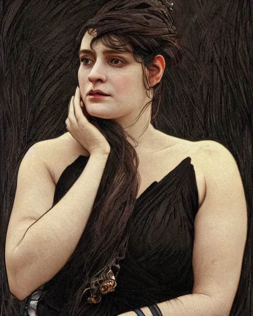 Image similar to portrait of a tall 4 0 - year - old woman with thin lips, heavy - lidded eyes, a strong jaw and long, thick shining black hair, thick eyebrows and long eyelashes, wearing in black clothes, hyper realistic face, beautiful eyes, fantasy art, in the style of greg rutkowski, intricate, alphonse mucha, hyper detailed, smooth