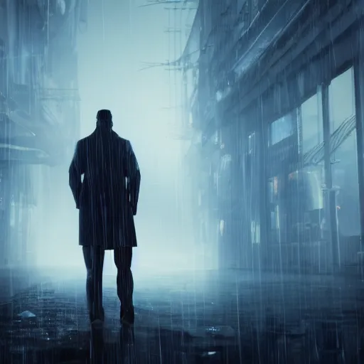 Image similar to ONE SINGLE detective in trench coat looking away from the camera, cyberpunk, futuristic, technology , cinematic lighting, depth of field, highly detailed, volumetric fog, dark, moody, gritty, rain, neon lights