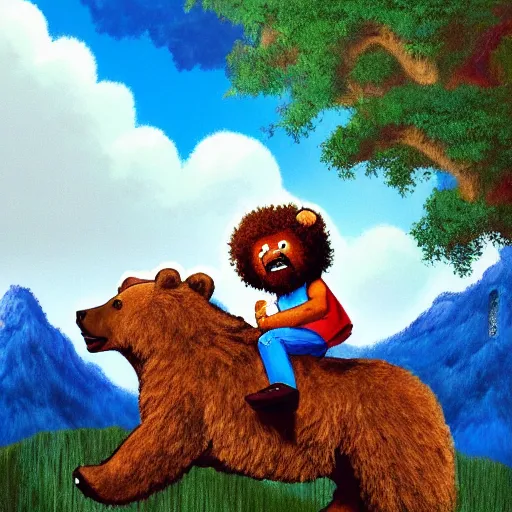 Prompt: bob ross riding a bear over the mountains with happy trees and happy clouds in the background