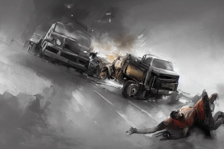 Image similar to epic concept art of traffic accident, huge truck and a man on the ground. close - up fallen man in foreground. backlight. rim light, strong contrast. by ashley wood and j. m. w. turner, speed painting, photo bash, cinematic angle, super detailing, strong perspective, traffic accident, haze over the shoulder shot