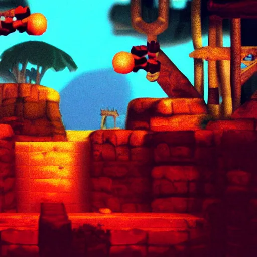 Prompt: photo of a sunset inside the first level of donkey kong country ( 1 9 9 4 ), soft focus, long exposure