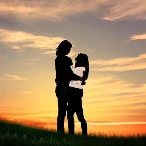 Prompt: long shot landscape young man and woman with long hair black silhouette cuddle, sun rise, realism, soft lighting