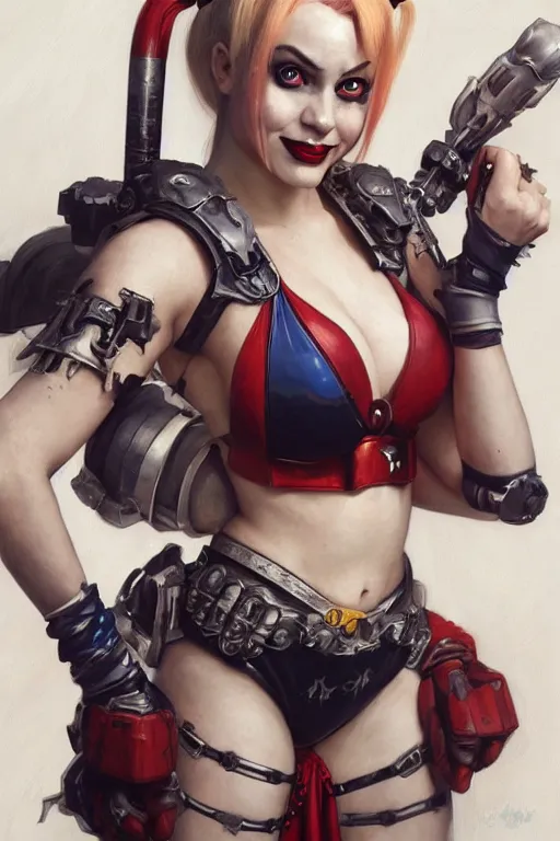 Image similar to a portrait of Harley Quinn in bikini armor, Warhammer 40000, cyberpunk, intricate, elegant, highly detailed, digital painting, trending on artstation, concept art, smooth, sharp focus, illustration, art by Ruan Jia and Mandy Jurgens and Artgerm and william-adolphe bouguereau and greg rutkowski and alphonse mucha