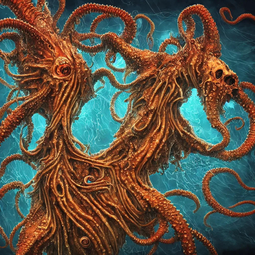 Image similar to close-up macro portrait of a Cthulhu and other fantastical sea creatures, epic angle and pose, ribcage bones symmetrical artwork, 3d with depth of field, blurred background, cybernetic jellyfish female face skull phoenix bird, translucent, nautilus, energy flows of water and fire. a highly detailed epic cinematic concept art CG render. made in Maya, Blender and Photoshop, octane render, excellent composition, cinematic dystopian brutalist atmosphere, dynamic dramatic cinematic lighting, aesthetic, very inspirational, arthouse. Greg Rutkowski, Ilya Kuvshinov, WLOP, Stanley Artgerm Lau, Ruan Jia and Fenghua Zhong