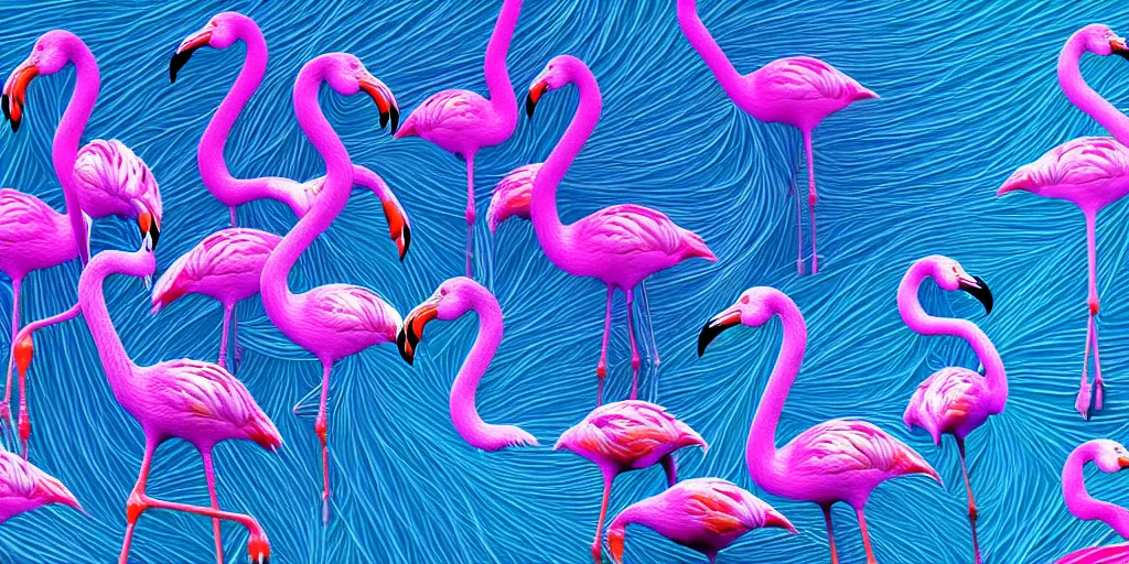 Image similar to highly detailed generative art, irregular fractal of flamingos, background of irregular warped polygons, 4 k hdr