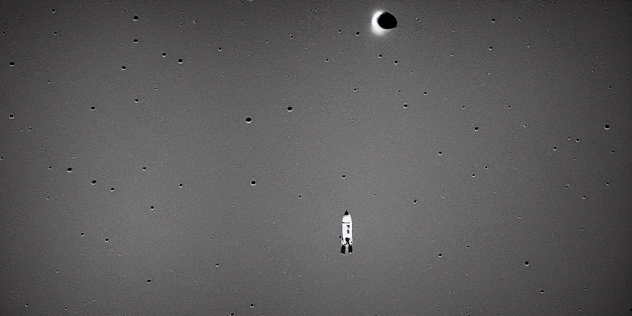 Image similar to black and white photo from the bright surface of the moon, rocket landing on moon, stars and space in the dark background, interstellar, christoper nolan, cinematic film still, sharp focus, high contrast, wide angle view, astrophotography, 4 k