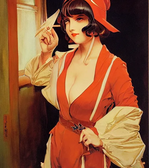 Prompt: j. c. leyendecker painting of an anime woman, direct flash photography at night, film grain
