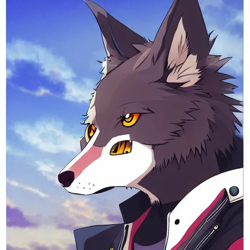 Image similar to key anime visual portrait of an anthropomorphic anthro wolf fursona, in a jacket, with handsome eyes, official anime art