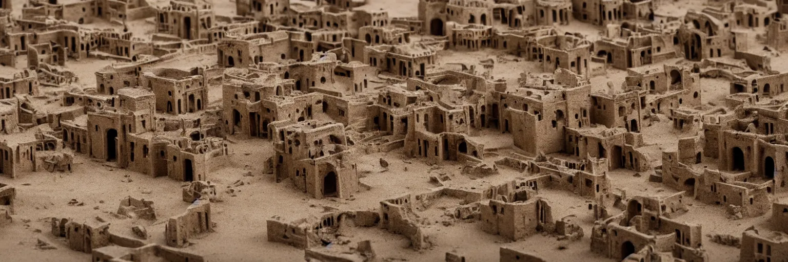 Image similar to Caught in the flow of time. Ancient architecture. An abandoned city in the middle of a desert. Sand dunes devour the buildings. Sandstorm, strong winds. Highly detailed. Photoreal