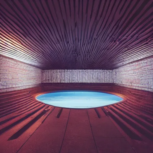 Image similar to color photograph of a retrofuturist liminal pool room with a dark tunnel and terraces, minimalist, oddly familiar, cinematic, dramatic lighting, soft vintage glow, noisy