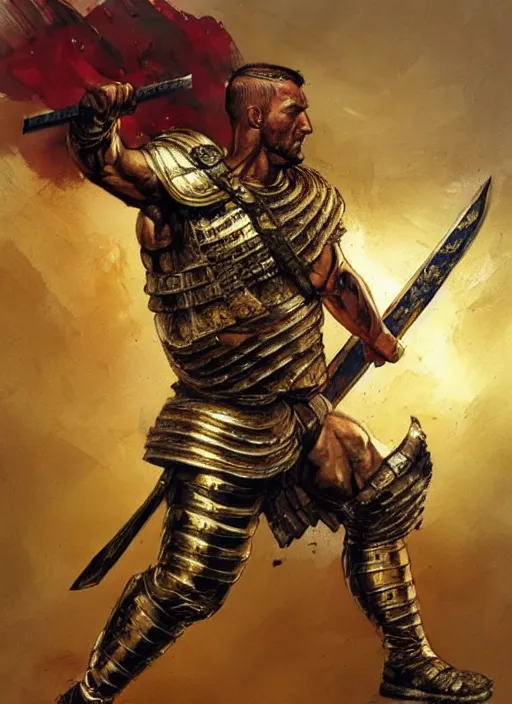 Image similar to muscular roman soldier with sword by simon bisley and greg rutkowski, full body gold plate armor! dynamic battle pose, vivid color scheme