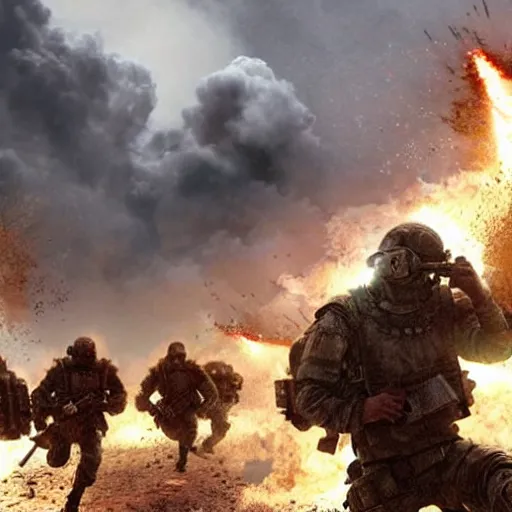 Prompt: hyper realism, realistic apocalyptic war scene, explosions, science - fiction soldiers running with armour in the middle of explosions and bullets,
