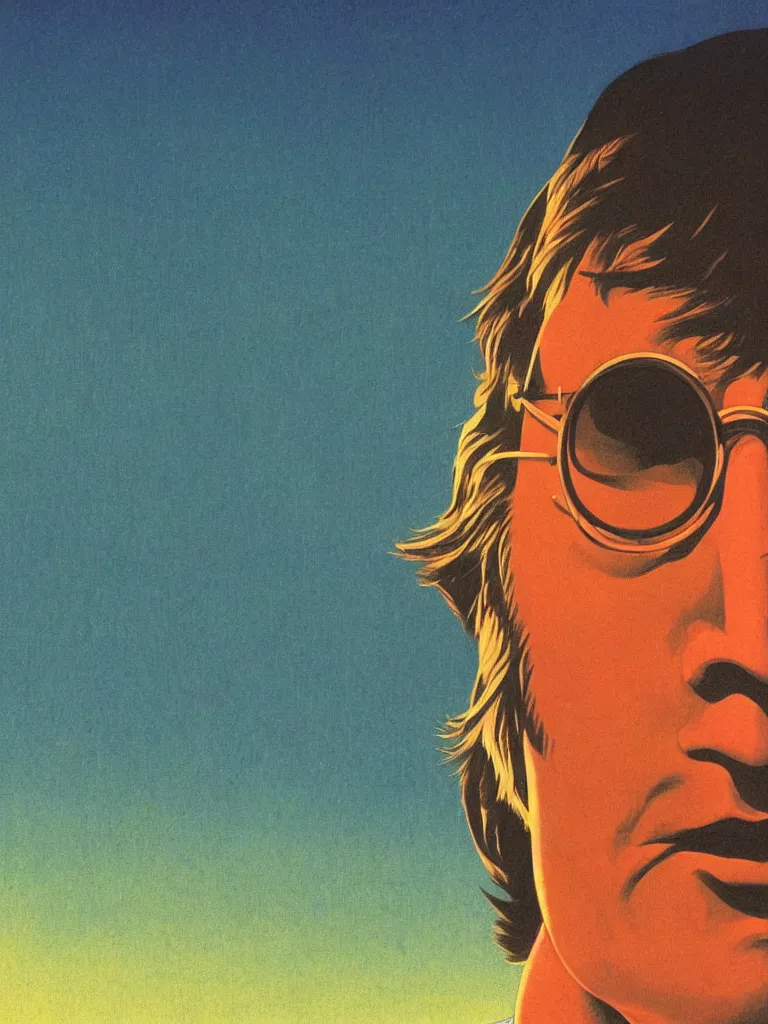 Image similar to a closeup portrait of john lennon, taking mind altering drugs, a blotter paper of lsd acid and dreaming psychedelic hallucinations in a vast landscape, by kawase hasui, moebius, edward hopper, colorful flat surreal design, dramatic lighting, hd, 8 k, artstation