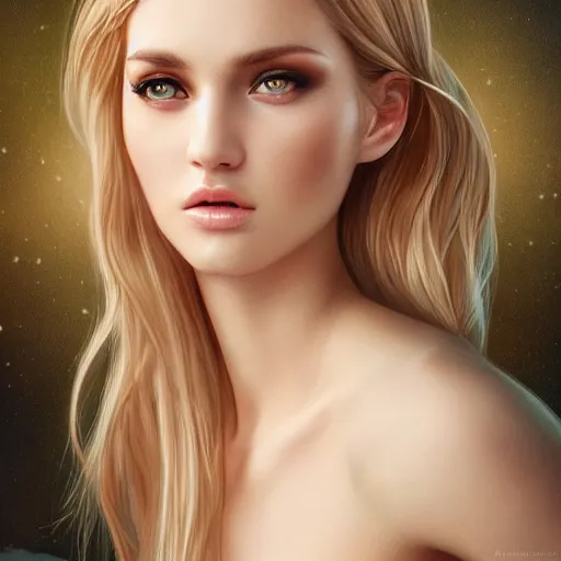 Prompt: a gorgeous female photo, professionally retouched, soft lighting, wearing sundress, illuminated by moonlight, realistic, smooth face, blonde goddess, luscious lips, perfect eyes, wide angle, sharp focus on eyes, 8 k high definition, insanely detailed, intricate, elegant, art by artgerm and wlop