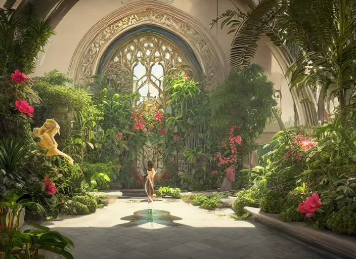 Image similar to ultra realistic, artstation, concept art, by artgerm and greg rutkowski and alphonse mucha and wlop cathedral interior with koi pond in the middle surrounded by palm trees, ivy, flowers, tropical plants, roses, and with archways. rendered in octane render with photorealistic lighting