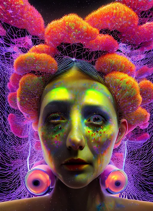 Image similar to hyper detailed 3d render like a Oil painting - Aurora (cyberpunk oil rainbow faced Singer) seen Eating of the Strangling network of yellowcake aerochrome and milky Fruit and Her delicate Hands hold of gossamer polyp blossoms bring iridescent fungal flowers whose spores black out the foolish stars by Jacek Yerka, Mariusz Lewandowski, Houdini algorithmic generative render, Abstract brush strokes, Masterpiece, Edward Hopper and James Gilleard, Zdzislaw Beksinski, Mark Ryden, Wolfgang Lettl, hints of Yayoi Kasuma, octane render, 8k