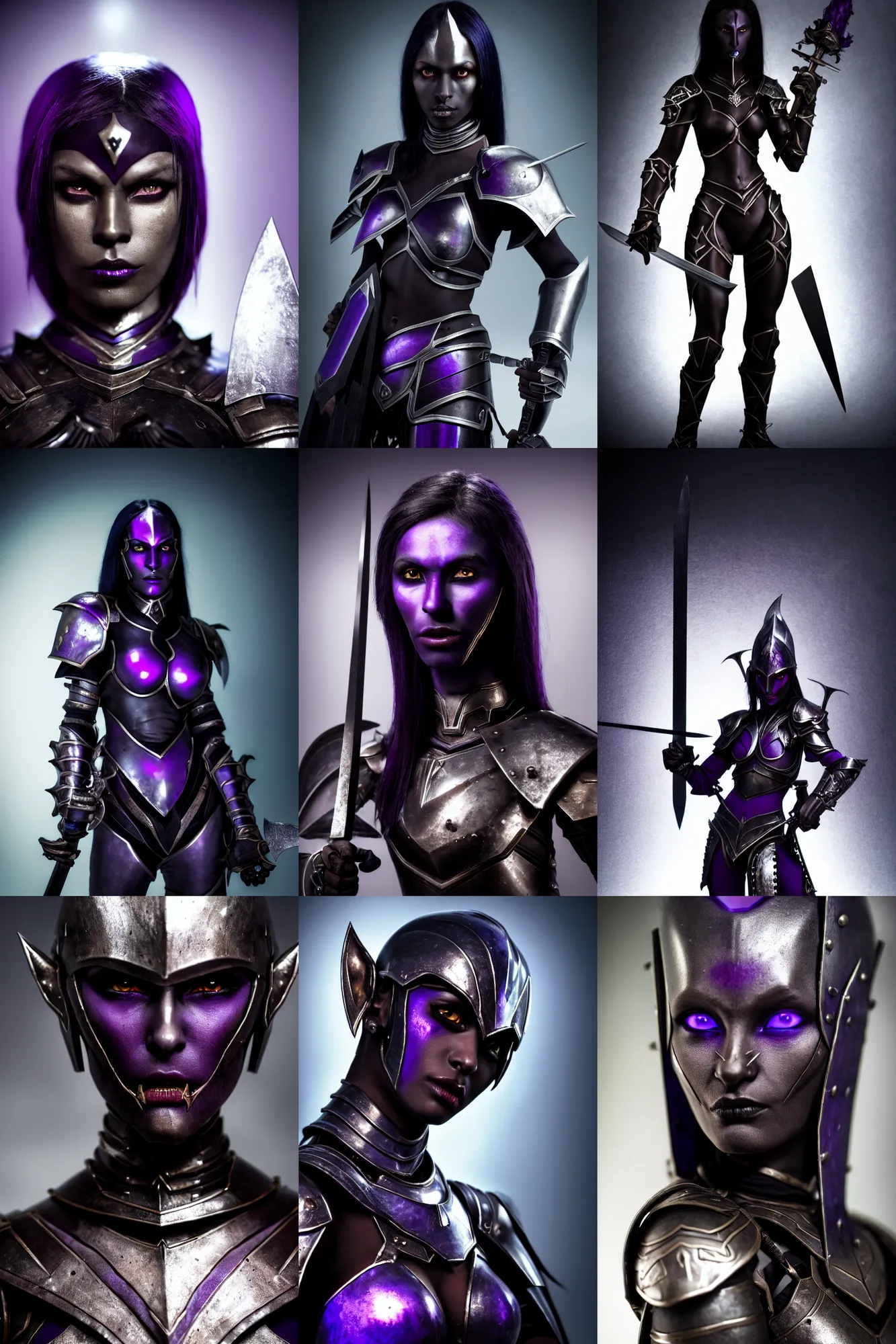 Prompt: an ultra high definition real life head shot photograph of female dark elf with dark black purple skin wearing metal armour and holding sword in an underground environment with props. close up. three point lighting. volumetric. refraction. extremely detailed. soft focus. ambient light sources. haze artefacts, light glare, art directed. filmic. stark.